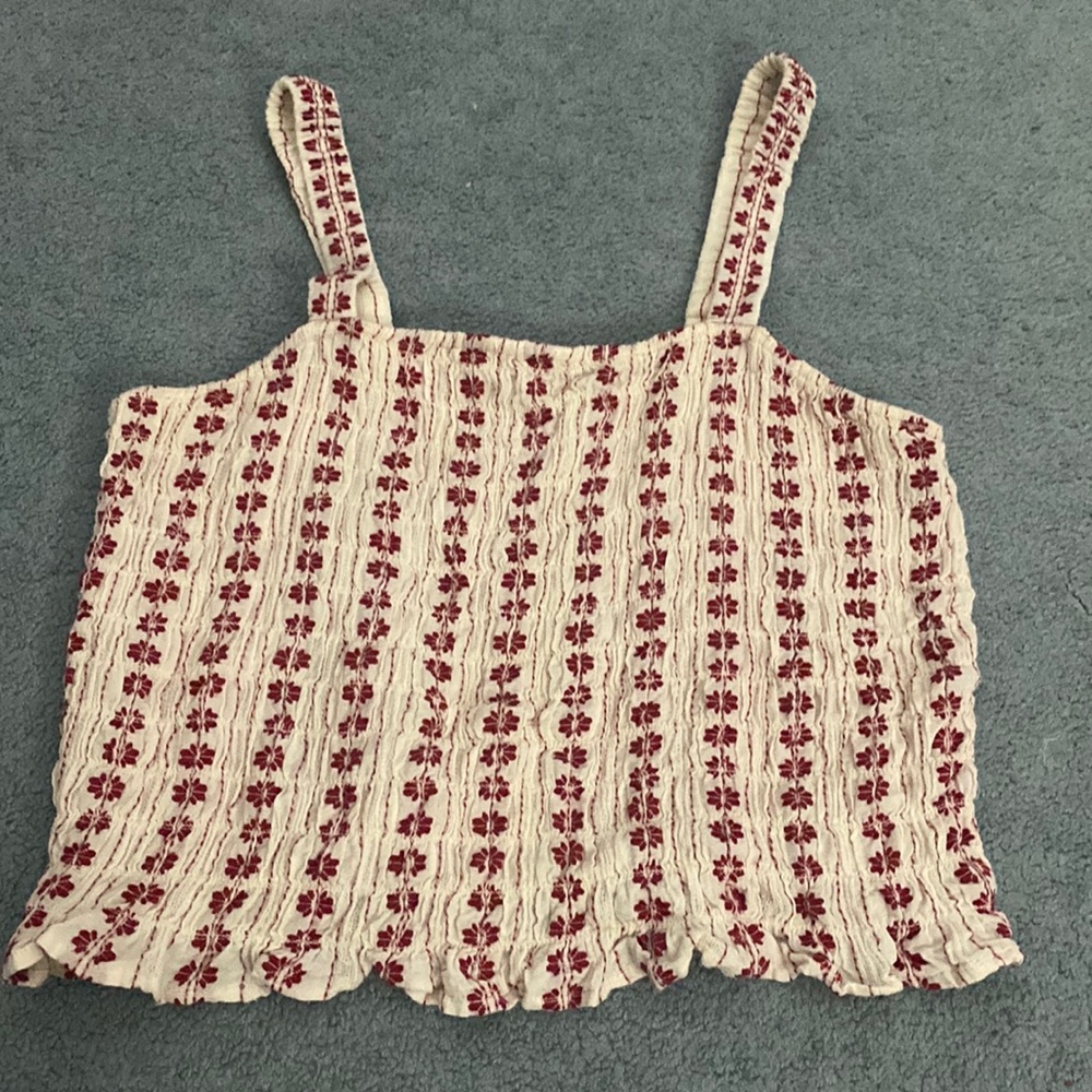 Pink and cream flower detailed shelf crop tank with ruffle detailed